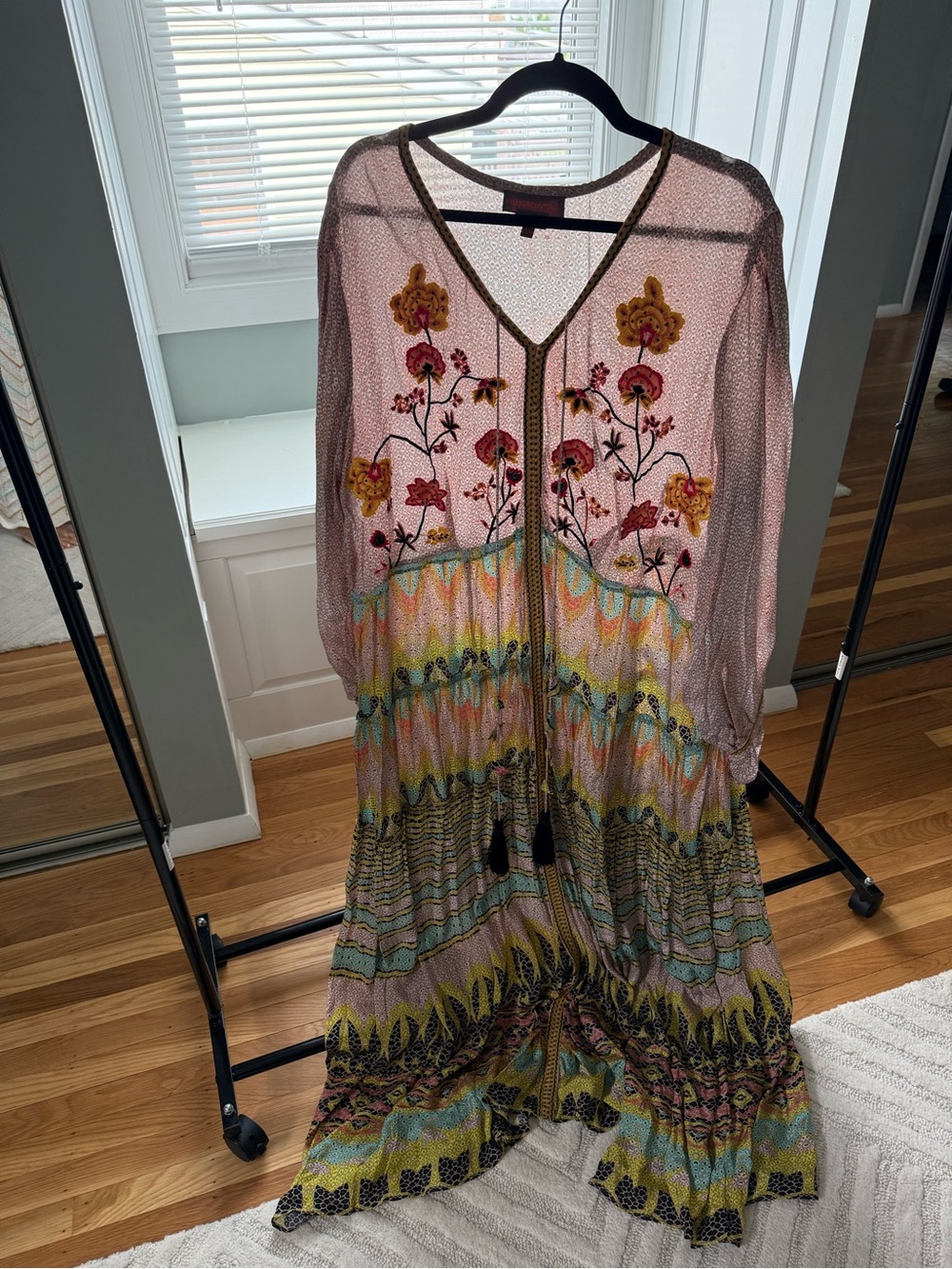 Anthropologie Pink Floral Embroidered Maxi Dress